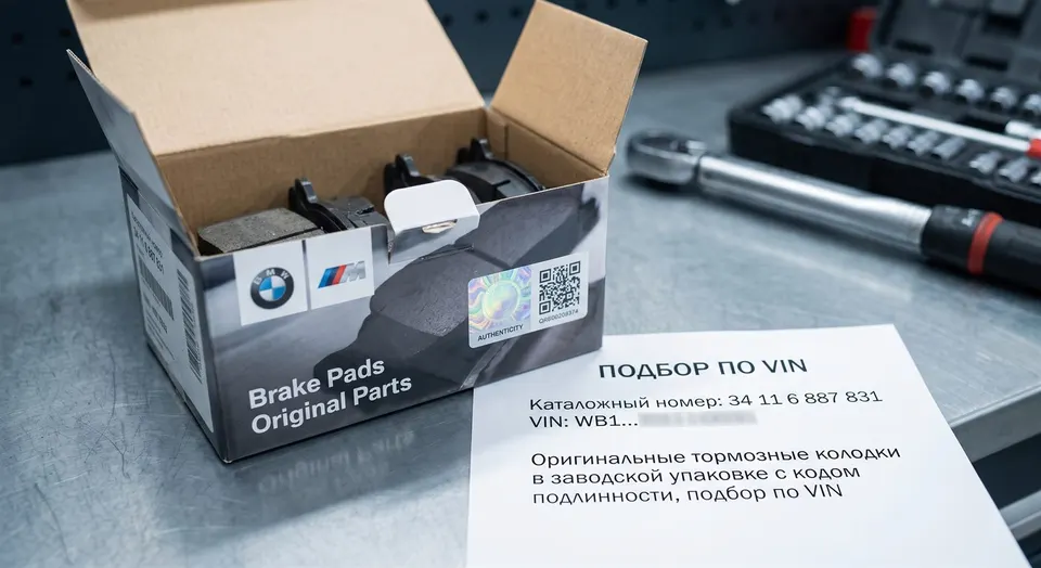 Оригинальные тормозные колодки в заводской упаковке с кодом подлинности, подбор по VIN